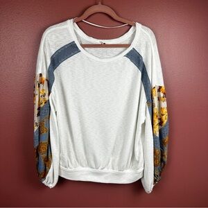 Free People White Thermal with Blue and yellow floral sleeves size large